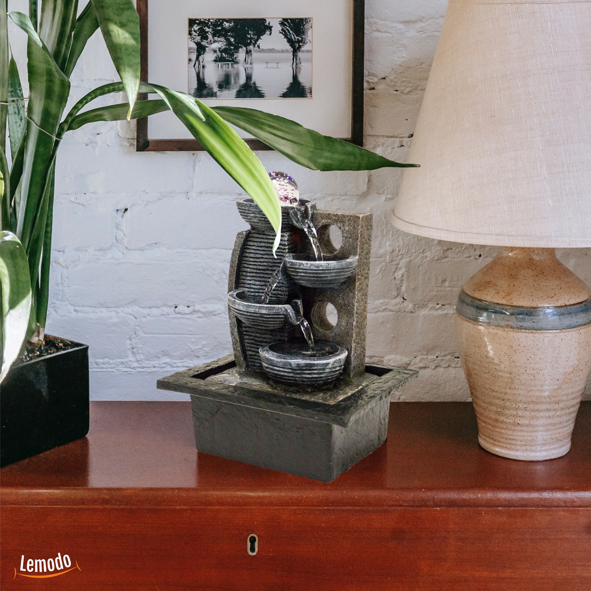 Zimmerbrunnen mit Stufen, LED-Beleuchtung, Dekobrunnen für die Wohnung, moderner Zierbrunnen in ZEN-Optik NA093 Zimmerbrunnen mit Stufen, LED-Beleuchtung, Dekobrunnen für die Wohnung, moderner Zierbrunnen in ZEN-Optik NA093