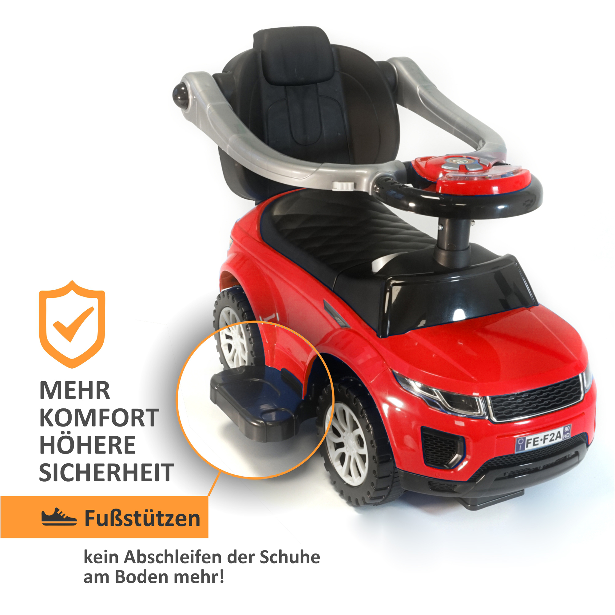 Rutschauto in rot mit Schiebestange, Rutschfahrzeug ab 1 Jahr, Rutscherfahrzeug mit Sicherheitsbügel BS016