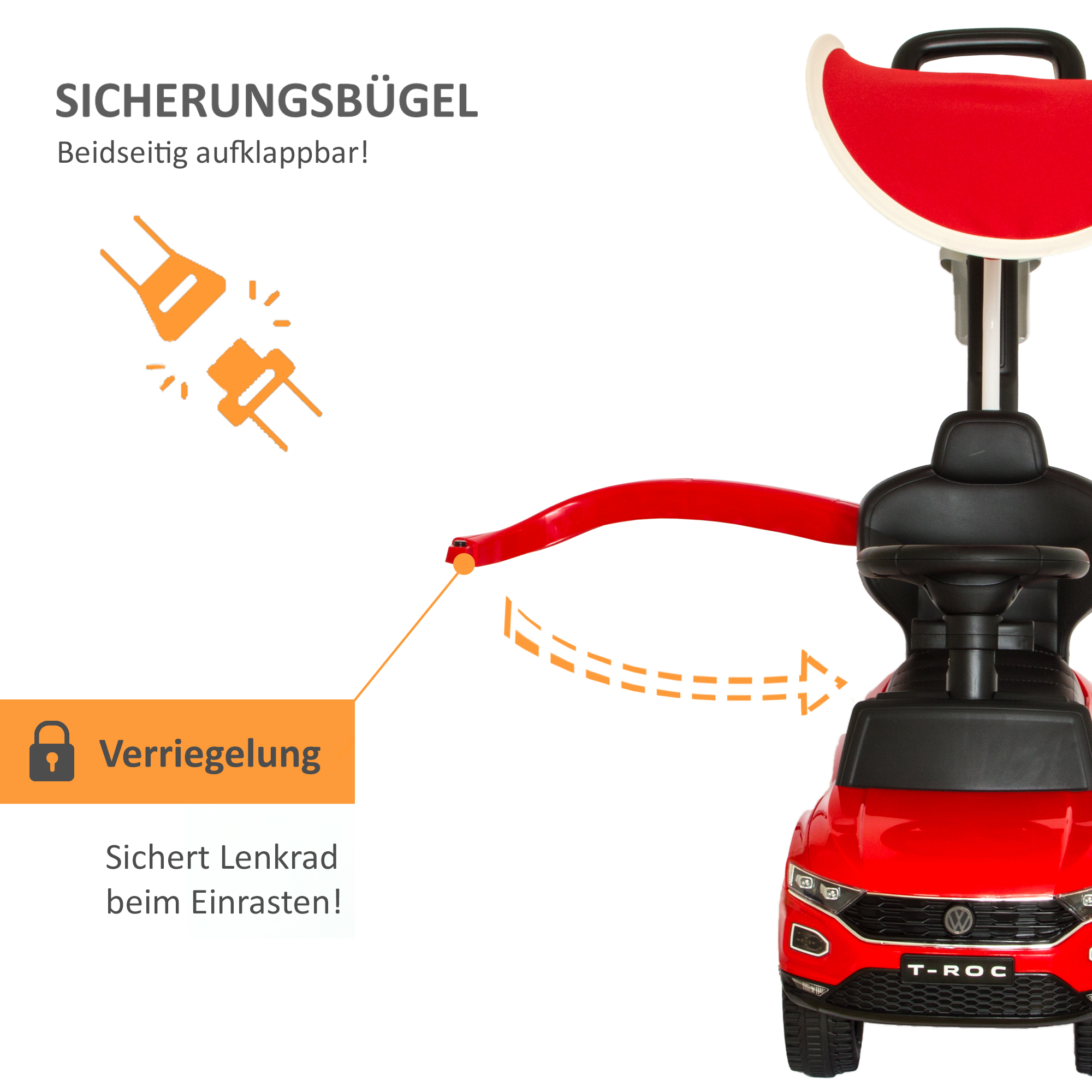 VW Rutschauto in rot mit Schiebestange, Rutschfahrzeug ab 1 Jahr, Rutscherfahrzeug mit Sicherheitsbügel PT001_R VW Rutschauto in rot mit Schiebestange, Rutschfahrzeug ab 1 Jahr, Rutscherfahrzeug mit Sicherheitsbügel PT001_R