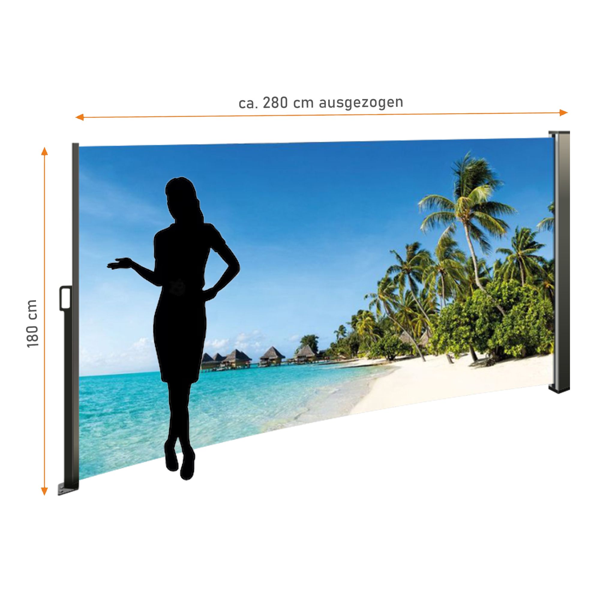 Seitenmarkise ausziehbar links, 180 cm hoch, Seitenrollo mit Fotodruck Südsee NA099-R