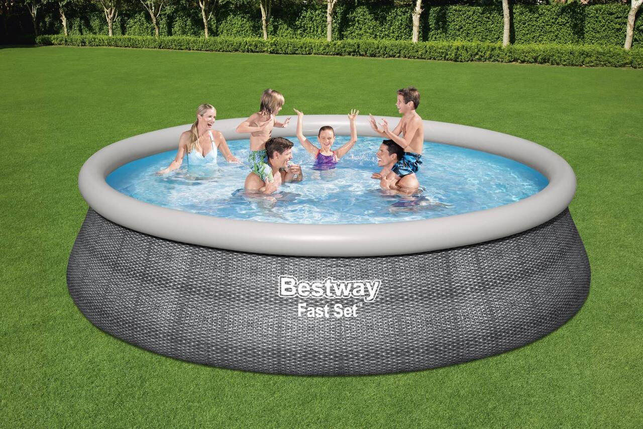 Fast Set™ Aufstellpool-Set mit Filterpumpe Ø 457 x 107 cm, Rattan-Optik (Schiefergrau), rund 57372_22 Fast Set™ Aufstellpool-Set mit Filterpumpe Ø 457 x 107 cm, Rattan-Optik (Schiefergrau), rund 57372_22