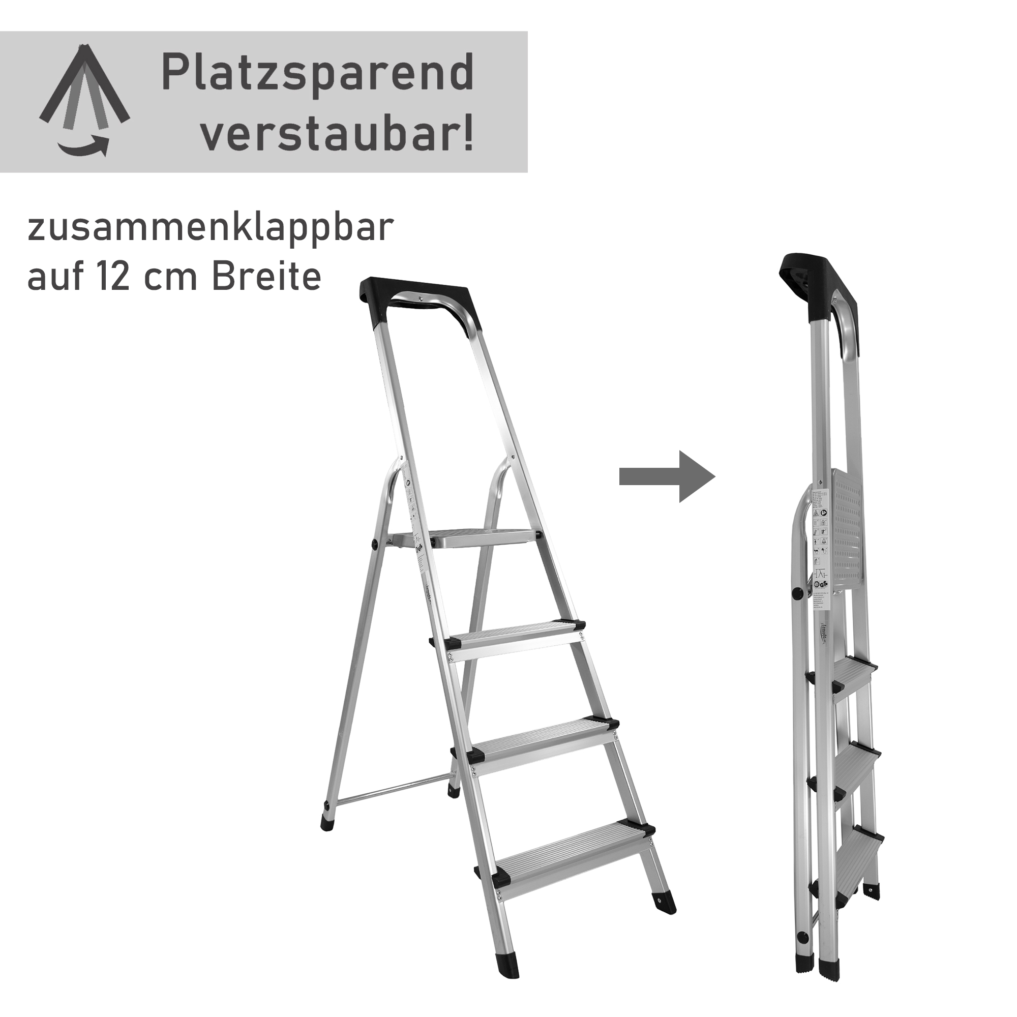 Trittleiter mit 4 Stufen, Treppenleiter aus Aluminium, Stehleiter bis 150kg belastbar NA182 Trittleiter mit 4 Stufen, Treppenleiter aus Aluminium, Stehleiter bis 150kg belastbar NA182