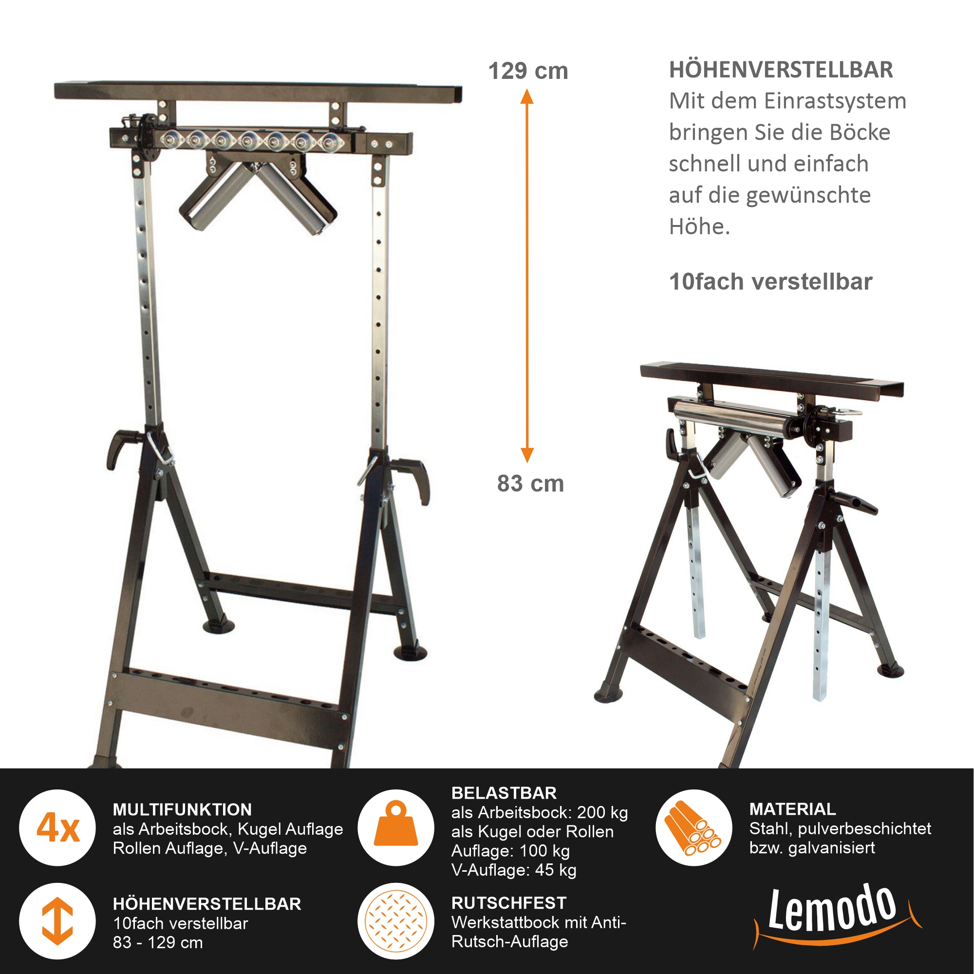 Multifunktions Arbeitsbock, 4 Funktionen, Rollenbock, V- und Kugel-Auflage, klappbar, höhenverstellbar YT006 Multifunktions Arbeitsbock, 4 Funktionen, Rollenbock, V- und Kugel-Auflage, klappbar, höhenverstellbar YT006