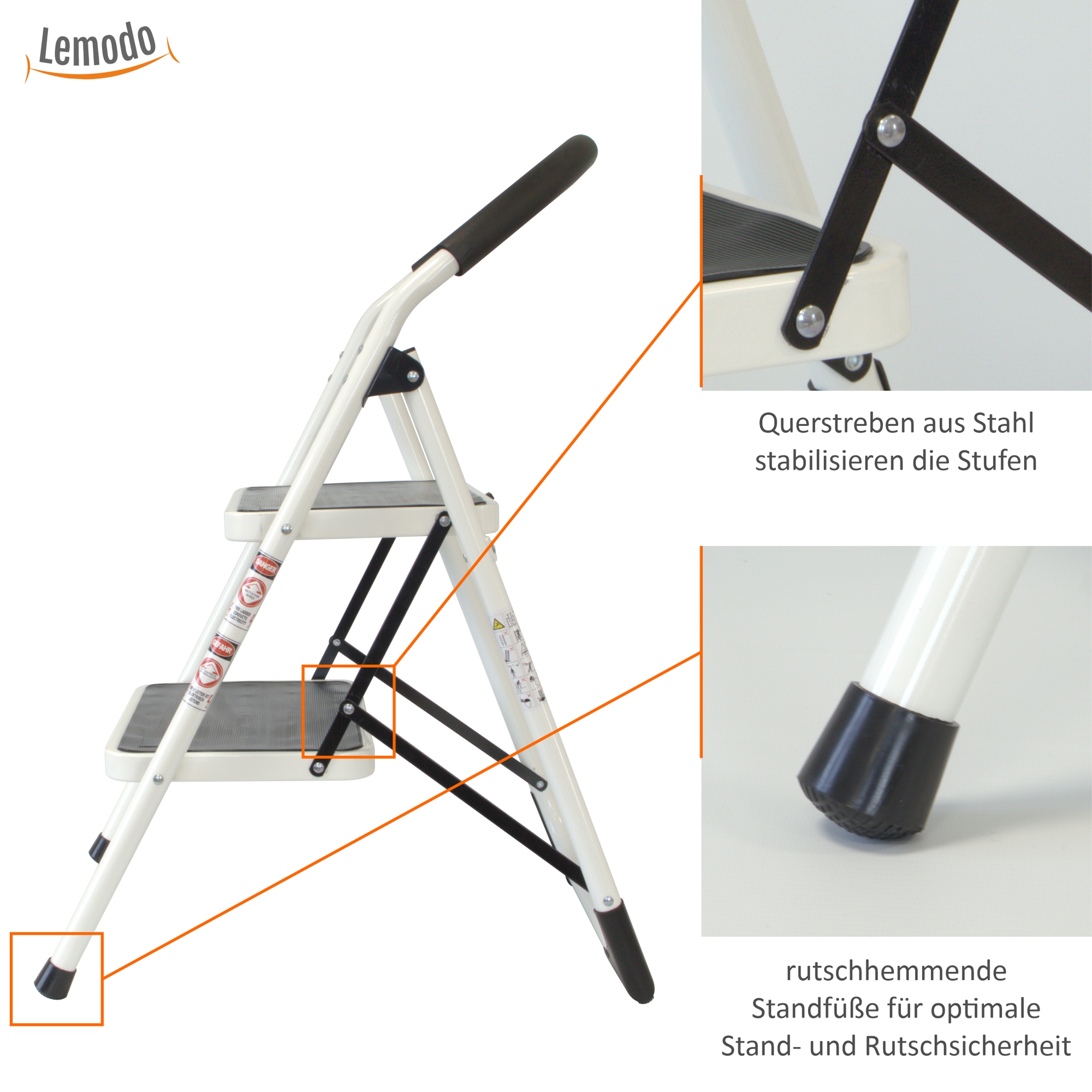 Trittleiter mit 2 Stufen, Treppenleiter aus Stahl, Stehleiter bis 150kg belastbar NA148 Trittleiter mit 2 Stufen, Treppenleiter aus Stahl, Stehleiter bis 150kg belastbar NA148