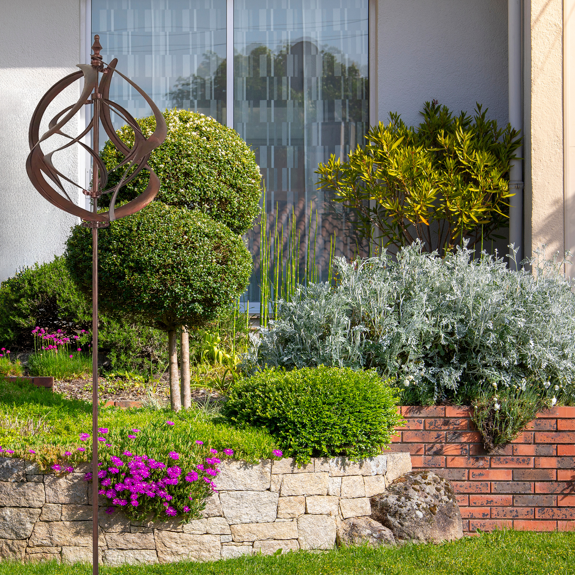 Großes Windspiel aus Metall mit 2 gegenläufigen Rotoren, kupferoptik, Gartendeko, 213 cm hoch NA201