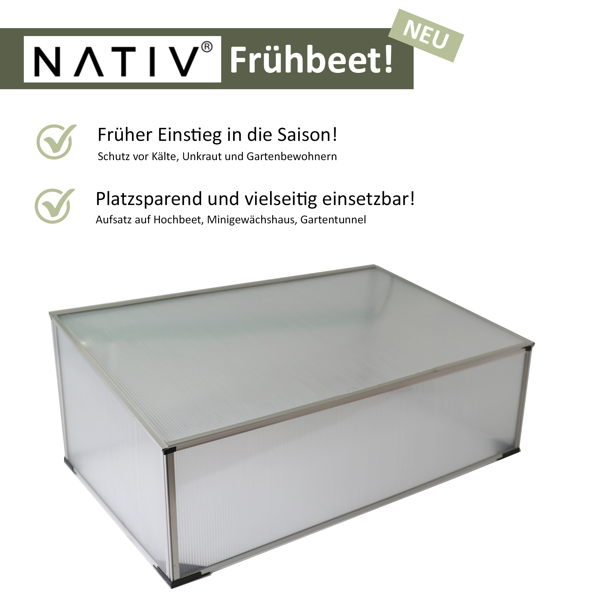 Frühbeet aus 1 mm starkem Aluminium, Treibhaus mit Aufstelldach, Frühbeetaufsatz NA209