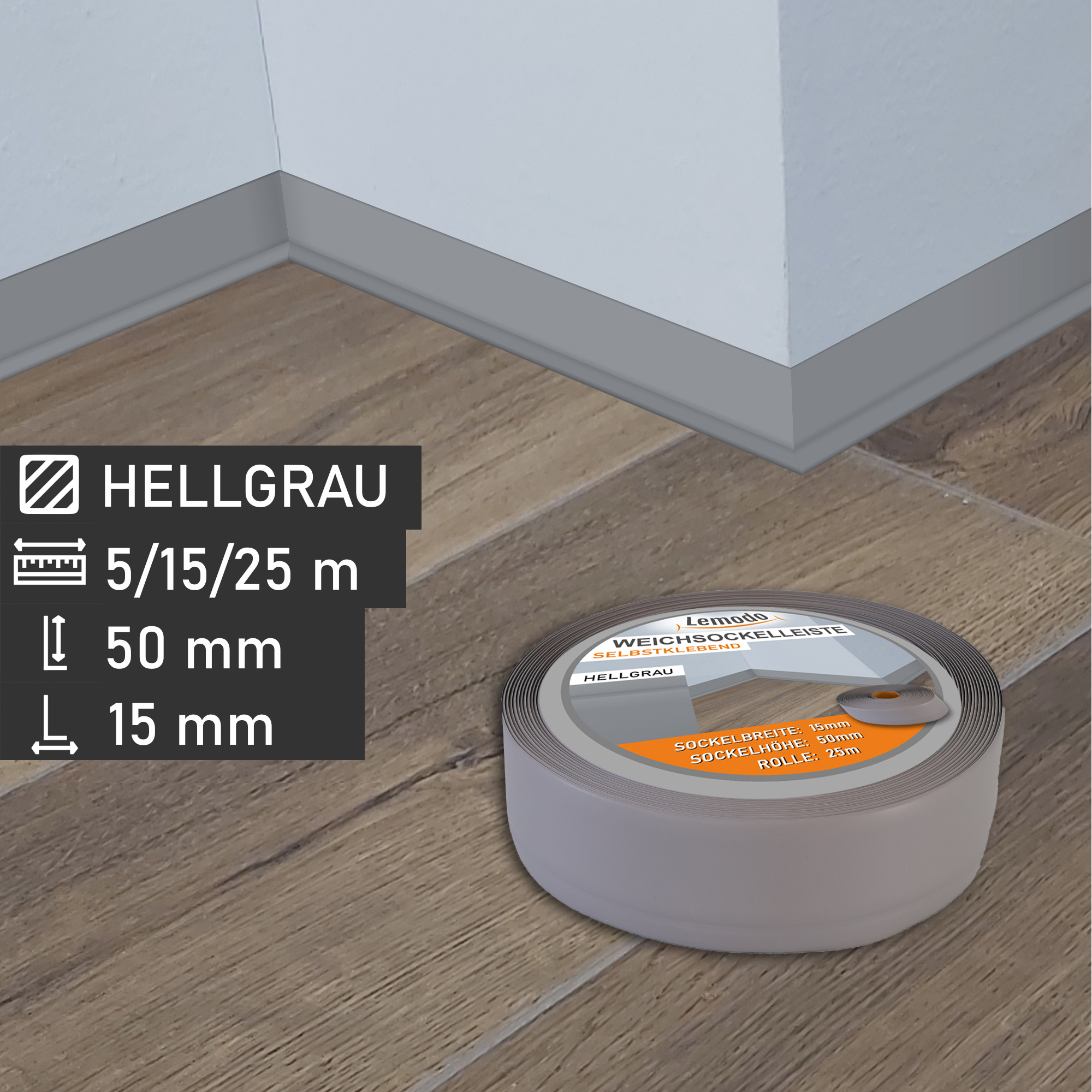 Weichsockelleiste selbstklebend, hellgrau, Sockelleiste auf Rolle, Fußleiste MS018