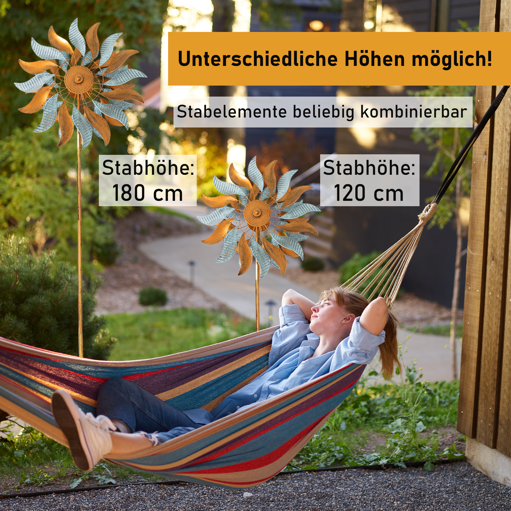 Windrad “Fire Flower”, Windspiel mit 2 gegenläufigen Rotoren, Gartendeko 213 cm hoch NA183