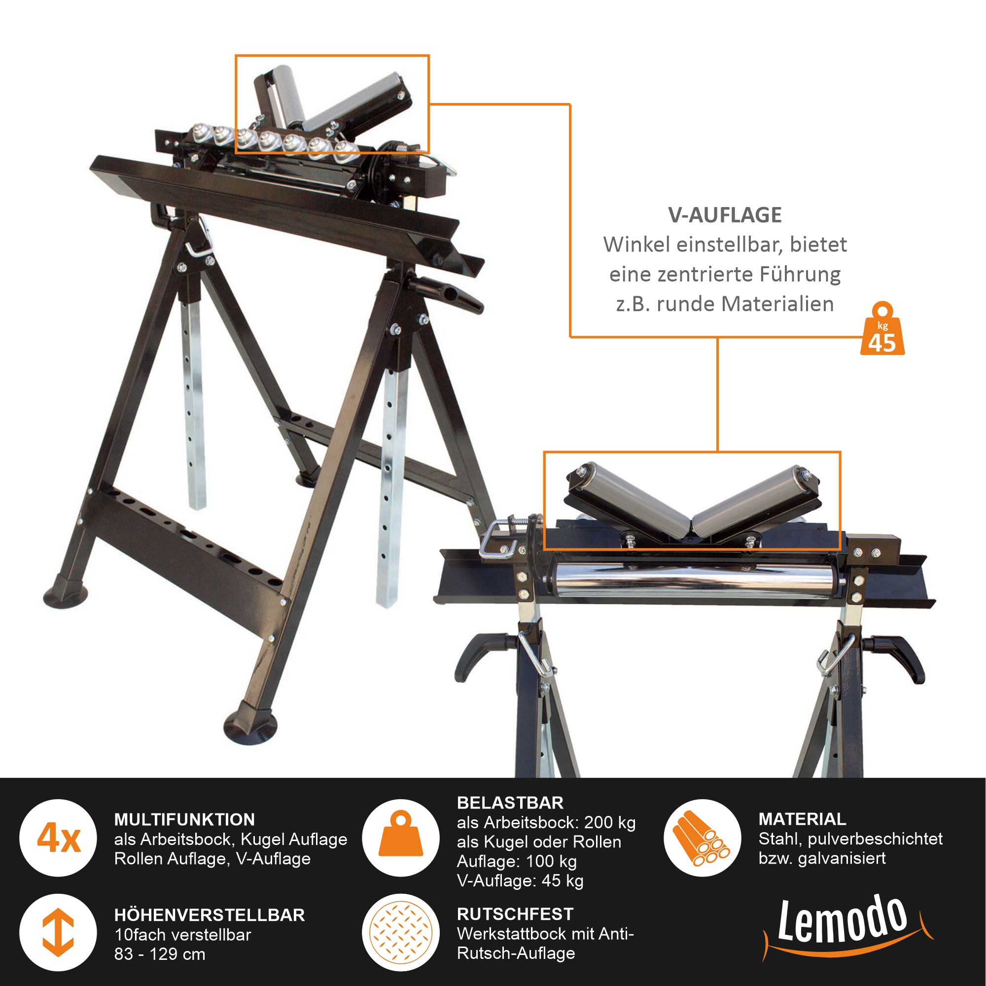 Multifunktions Arbeitsbock, 4 Funktionen, Rollenbock, V- und Kugel-Auflage, klappbar, höhenverstellbar YT006 Multifunktions Arbeitsbock, 4 Funktionen, Rollenbock, V- und Kugel-Auflage, klappbar, höhenverstellbar YT006