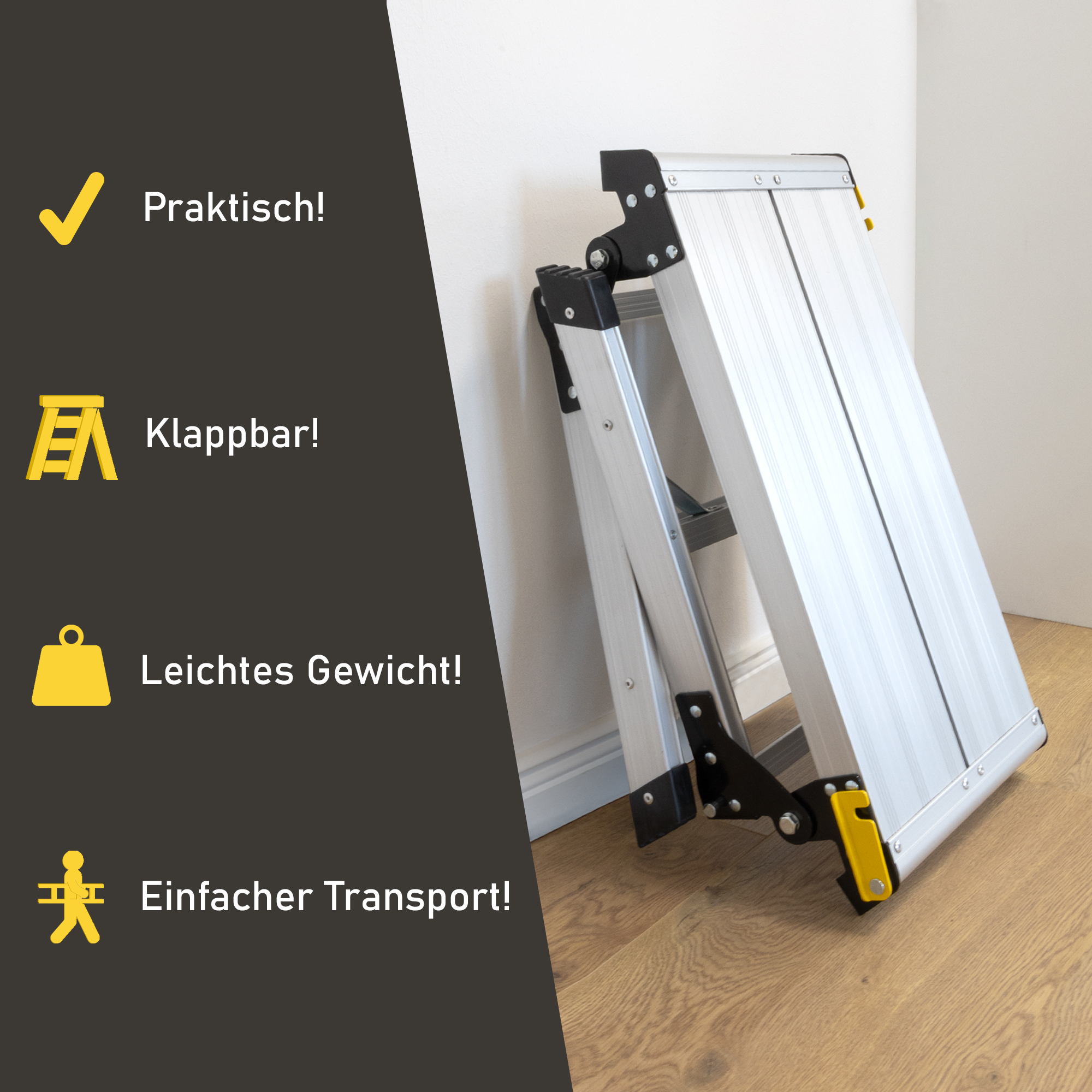 Kompakte Arbeitsplattform bis 150 kg belastbar, Arbeitsbühne 50 cm hoch, Aluleiter mit 2 Stufen NA205 Kompakte Arbeitsplattform bis 150 kg belastbar, Arbeitsbühne 50 cm hoch, Aluleiter mit 2 Stufen NA205