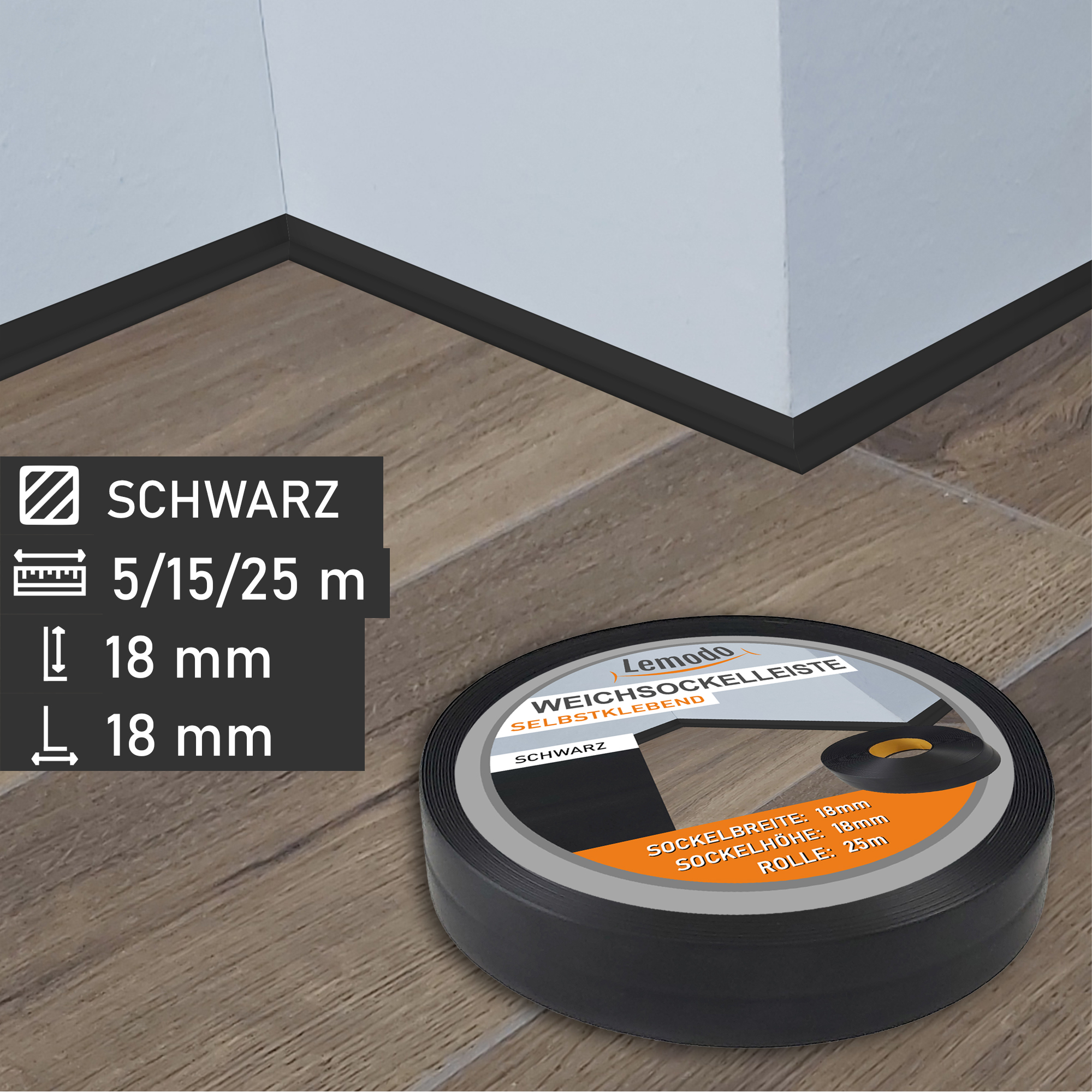 Knickwinkelleiste, PVC, 25m, schwarz, selbstklebend, Sockelleiste MS013