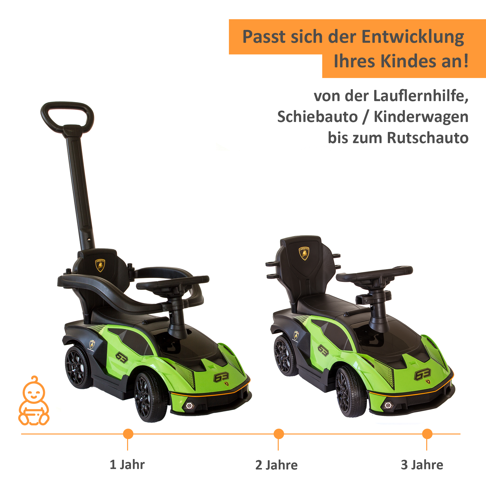 Rutschauto in grün, Kinderfahrzeug mit Sicherheitsbügel, Rutscher Auto mit Schiebestange ab 1 Jahr PT008_G Rutschauto in grün, Kinderfahrzeug mit Sicherheitsbügel, Rutscher Auto mit Schiebestange ab 1 Jahr PT008_G