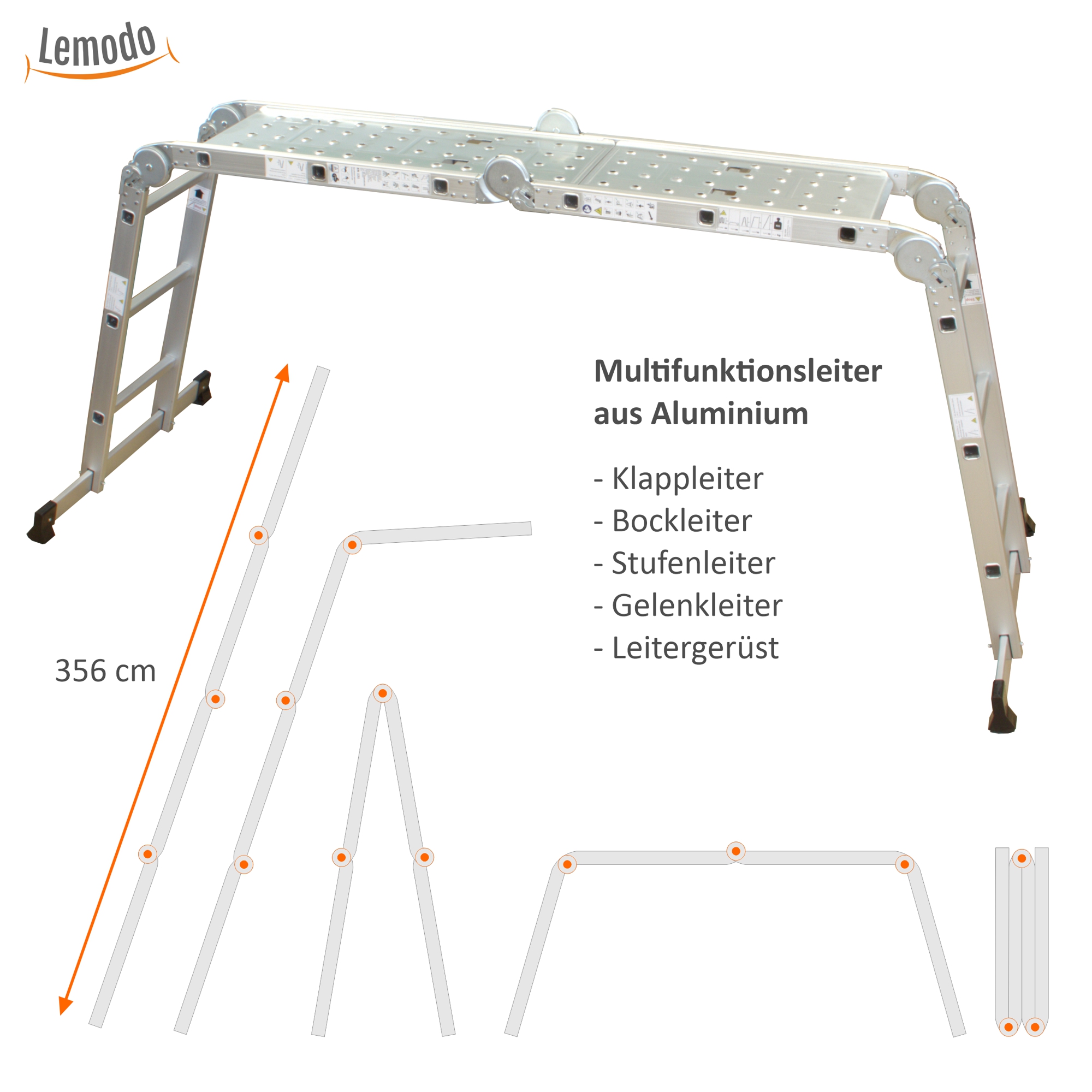 Aluminium Multifunktion Klappleiter 4-teilig, 3,5 m, bis 150 kg, Stehleiter, Leitergerüst NA146