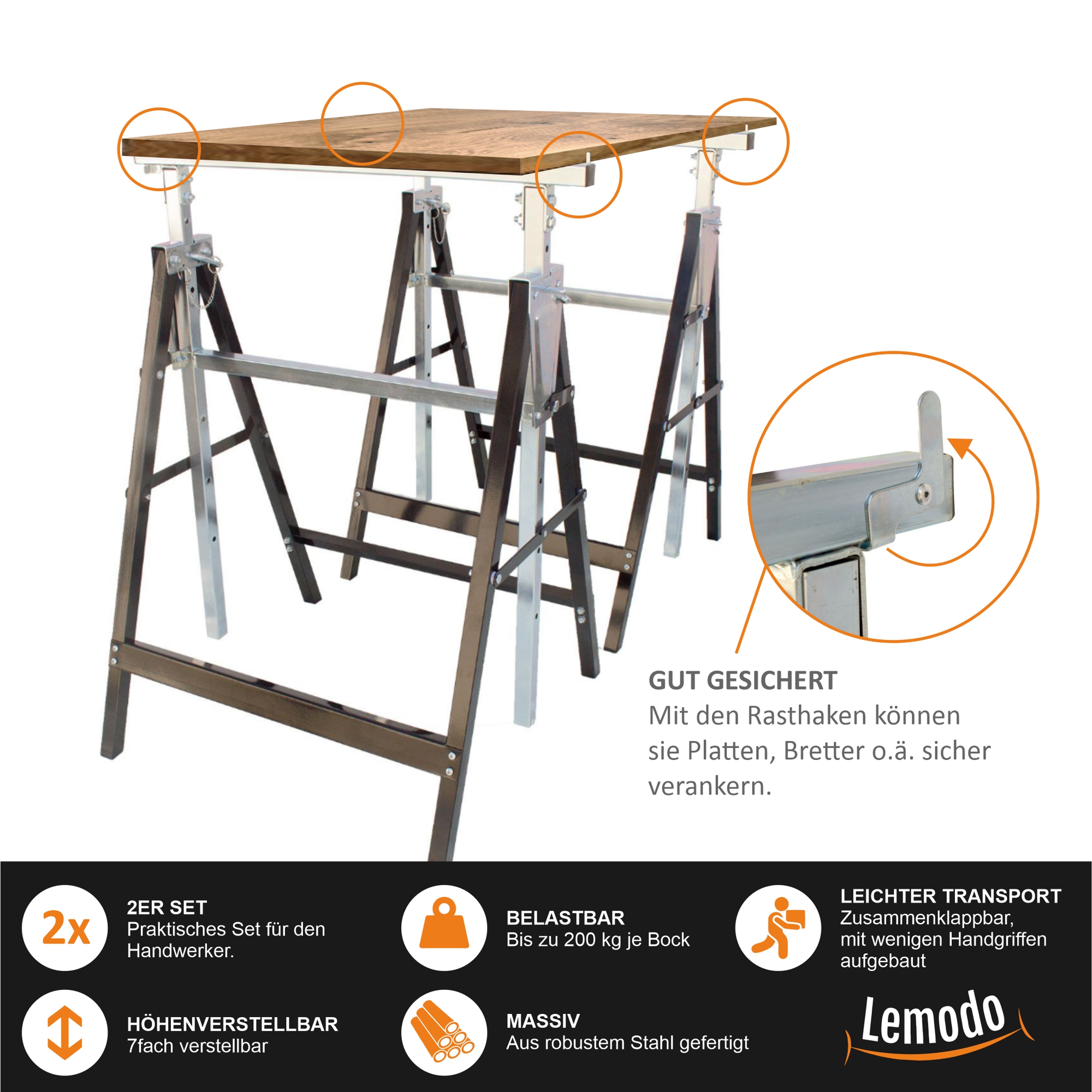 Arbeitsbock 2er Set, Gerüstbock höhenverstellbar, Klappbock mit 200 kg Tragkraft YT005 Arbeitsbock 2er Set, Gerüstbock höhenverstellbar, Klappbock mit 200 kg Tragkraft YT005