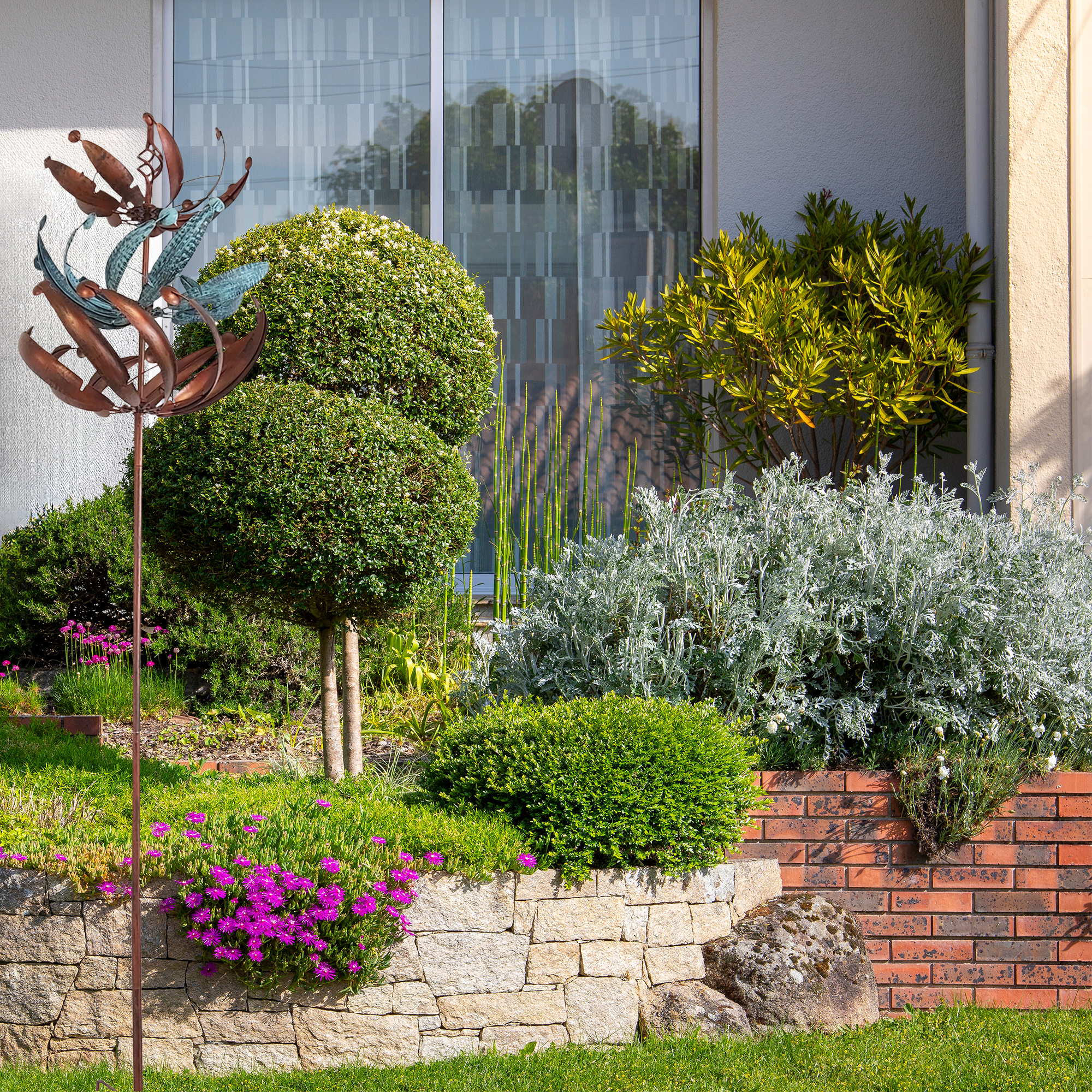 Windrad mit 3 gegenläufigen Rotoren, bronze, Gartendeko, 221 cm hoch NA200