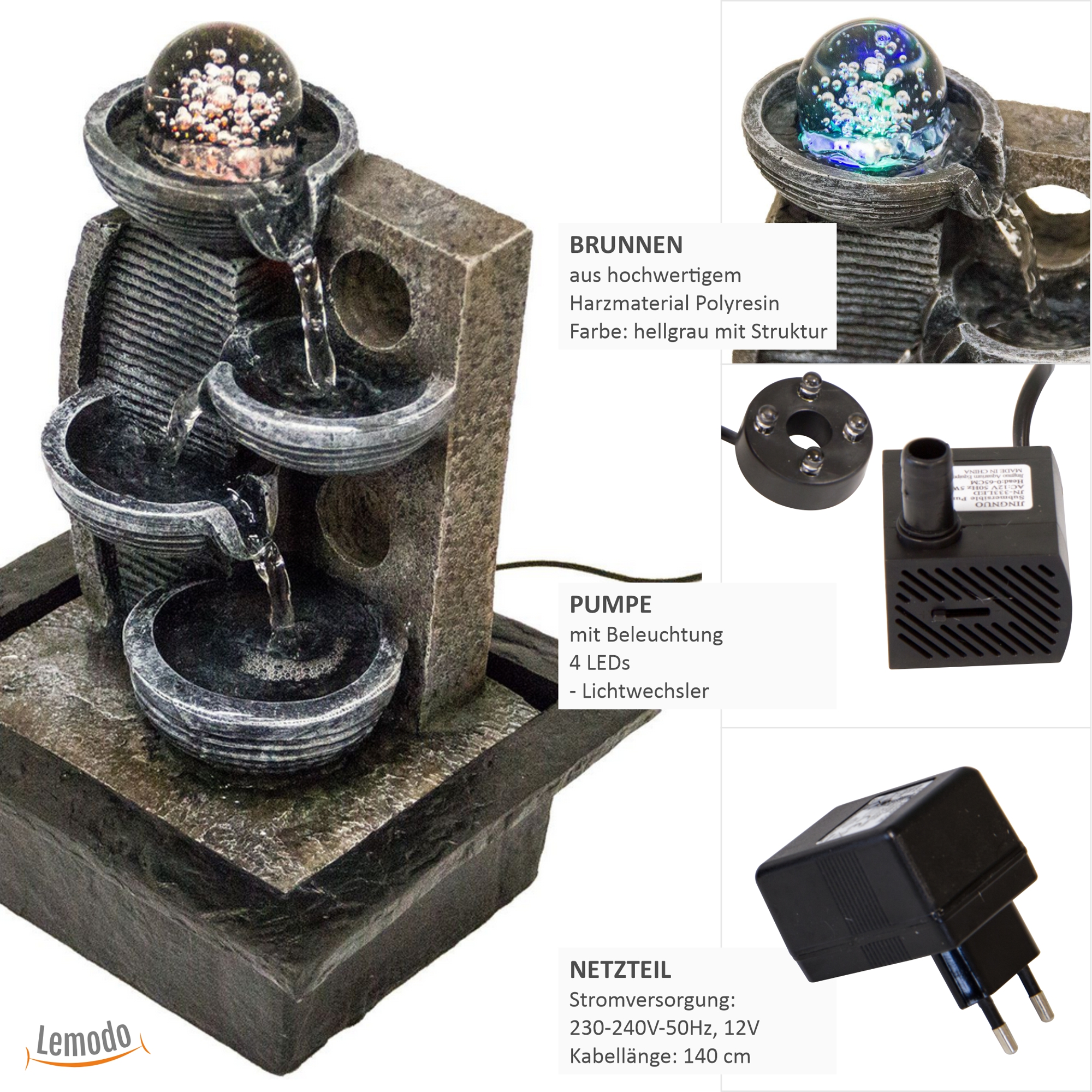 Zimmerbrunnen mit Stufen, LED-Beleuchtung, Dekobrunnen für die Wohnung, moderner Zierbrunnen in ZEN-Optik NA093 Zimmerbrunnen mit Stufen, LED-Beleuchtung, Dekobrunnen für die Wohnung, moderner Zierbrunnen in ZEN-Optik NA093