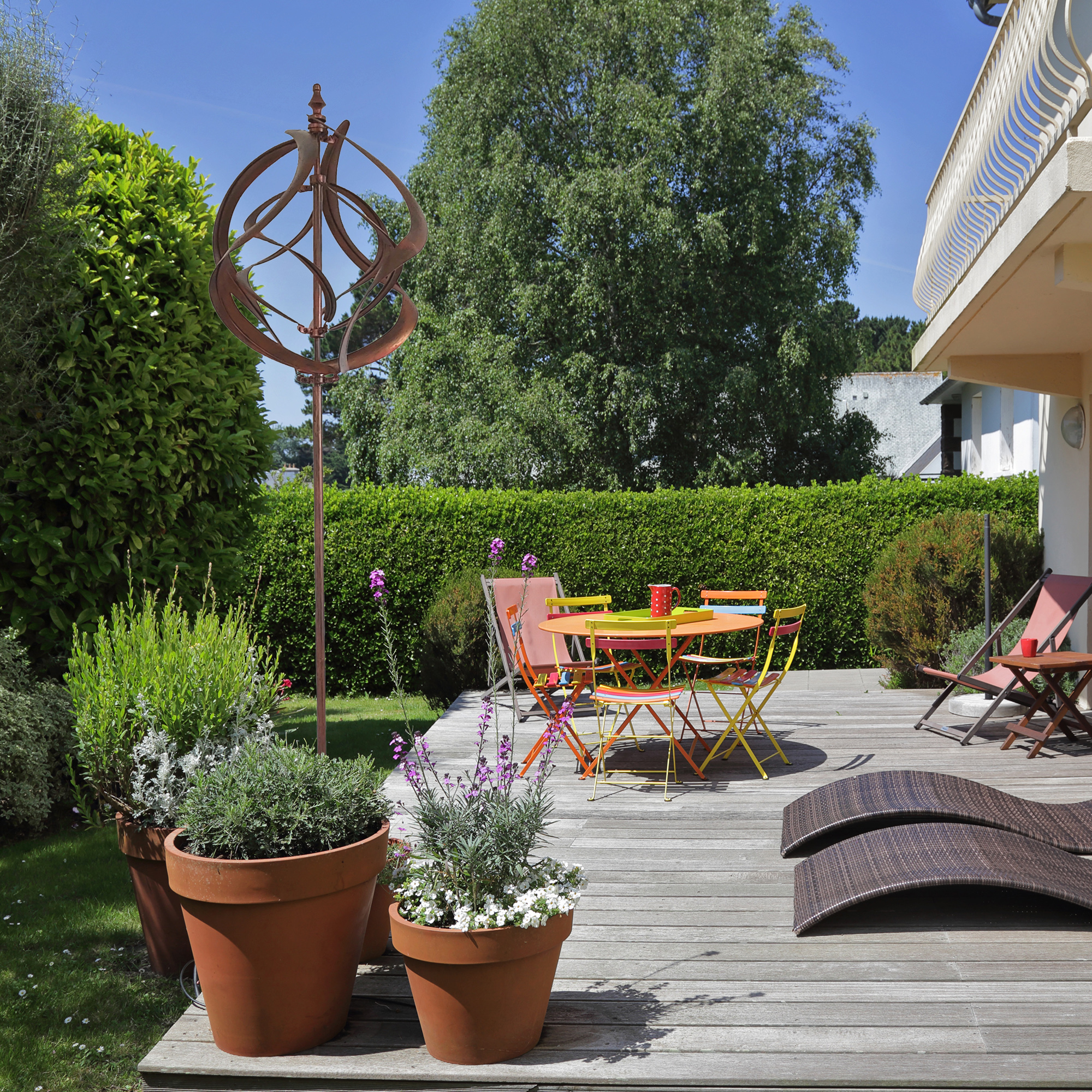 Großes Windspiel aus Metall mit 2 gegenläufigen Rotoren, kupferoptik, Gartendeko, 213 cm hoch NA201