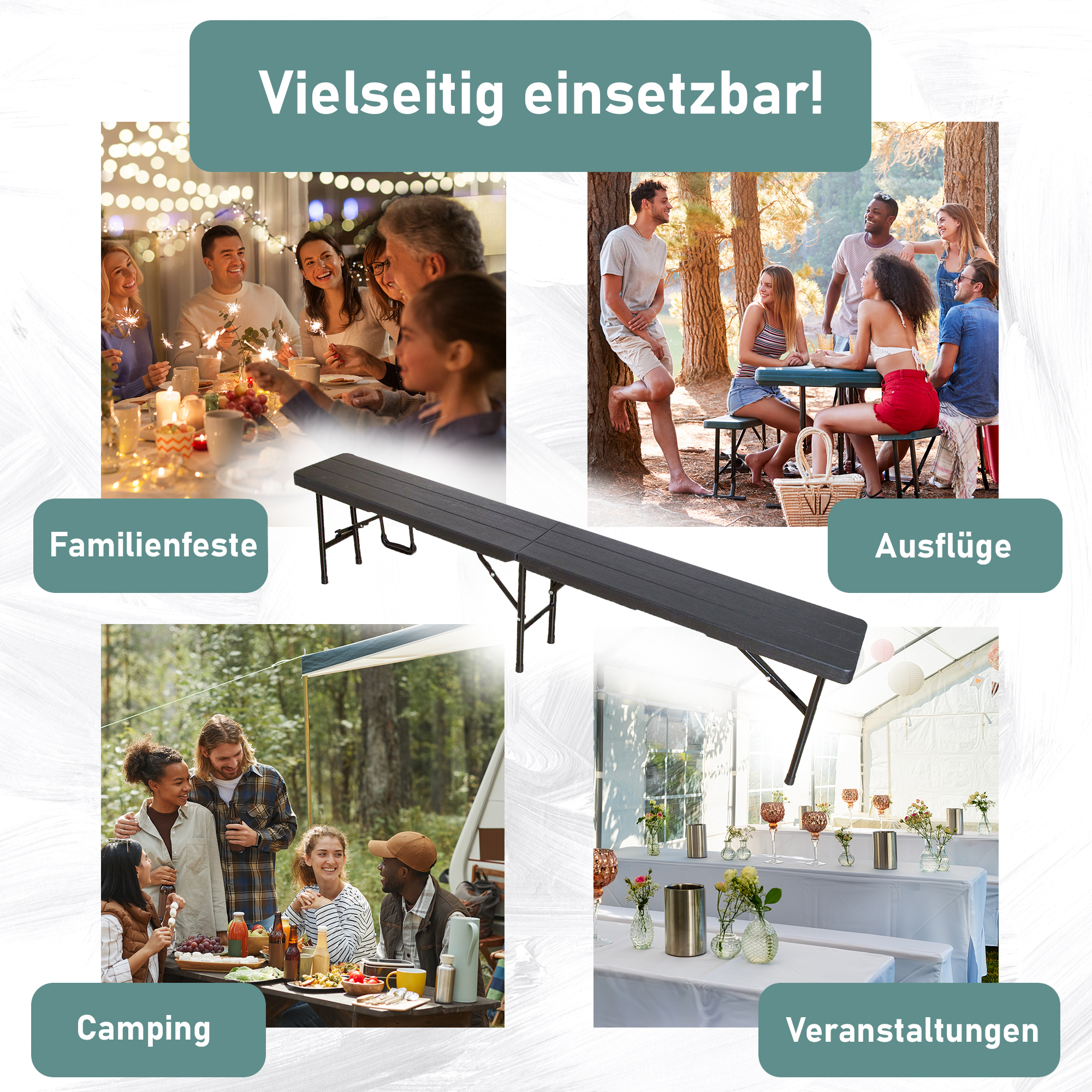 Klappbank im 2er Set, mobile Sitzbank 180 x 25 cm, klappbare Bierbank für 4 Personen TB014 Klappbank im 2er Set, mobile Sitzbank 180 x 25 cm, klappbare Bierbank für 4 Personen TB014