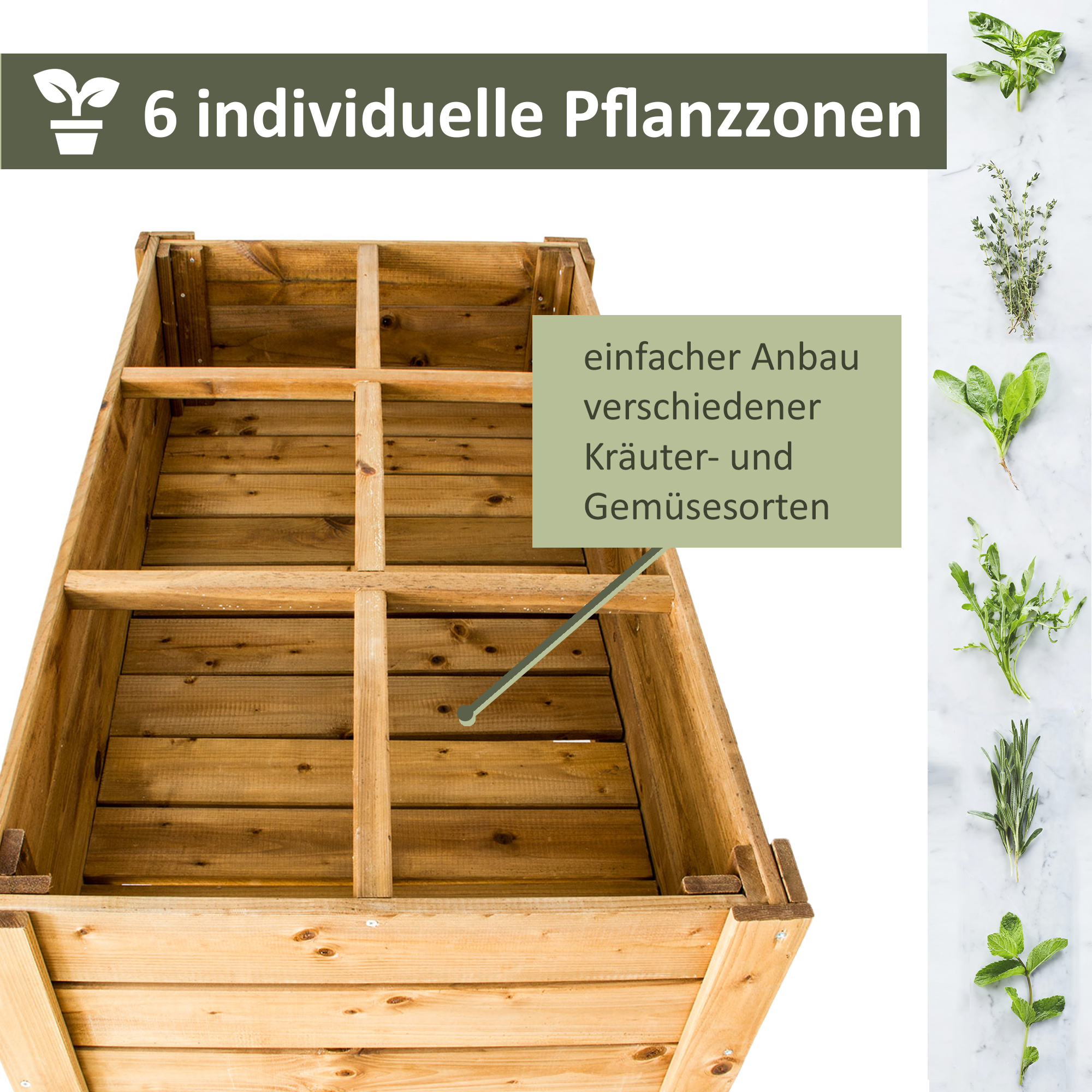 Hochbeet aus Holz mit Ablage, Pflanzkasten 110 x 60 cm, Kräuterbeet mit 6 Pflanzzonen NA042_B Hochbeet aus Holz mit Ablage, Pflanzkasten 110 x 60 cm, Kräuterbeet mit 6 Pflanzzonen NA042_B