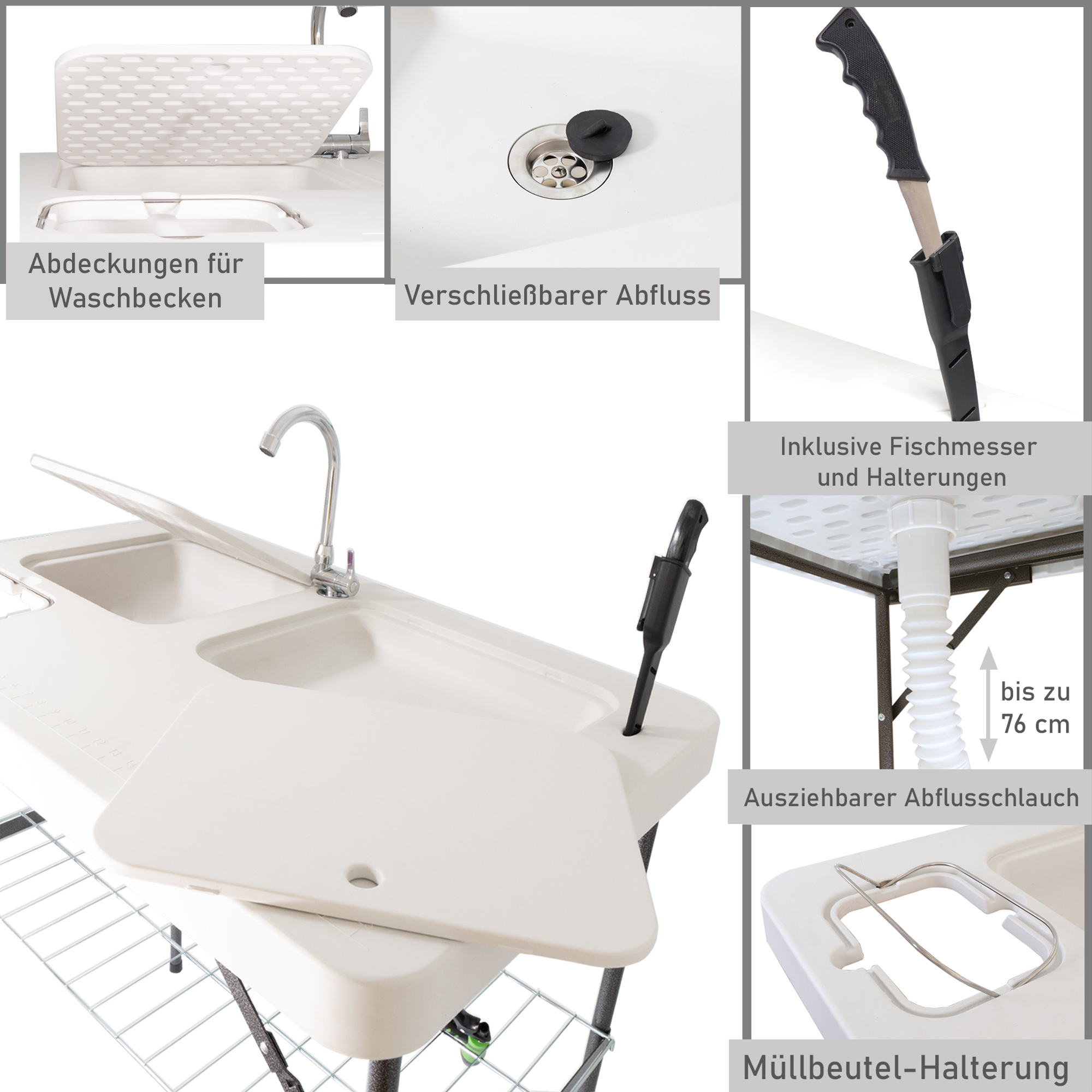 Klappbarer Filetiertisch, Camping Spüle mit 2 Spülbecken und Sprühdüse BL100 Klappbarer Filetiertisch, Camping Spüle mit 2 Spülbecken und Sprühdüse BL100