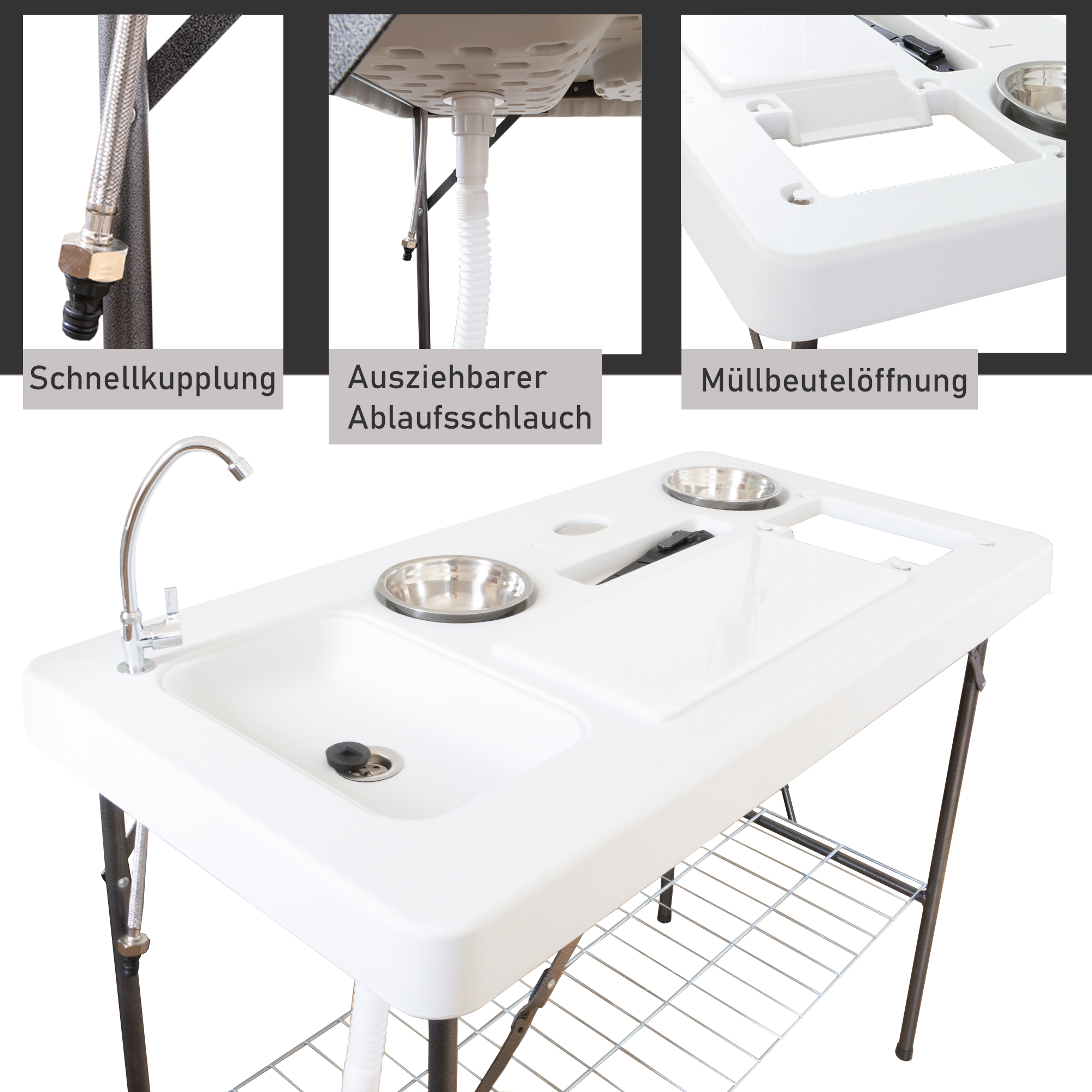 Klappbarer Filetiertisch, Camping Spüle mit 2 Schüsseln und Filetierbrett BL126 Klappbarer Filetiertisch, Camping Spüle mit 2 Schüsseln und Filetierbrett BL126