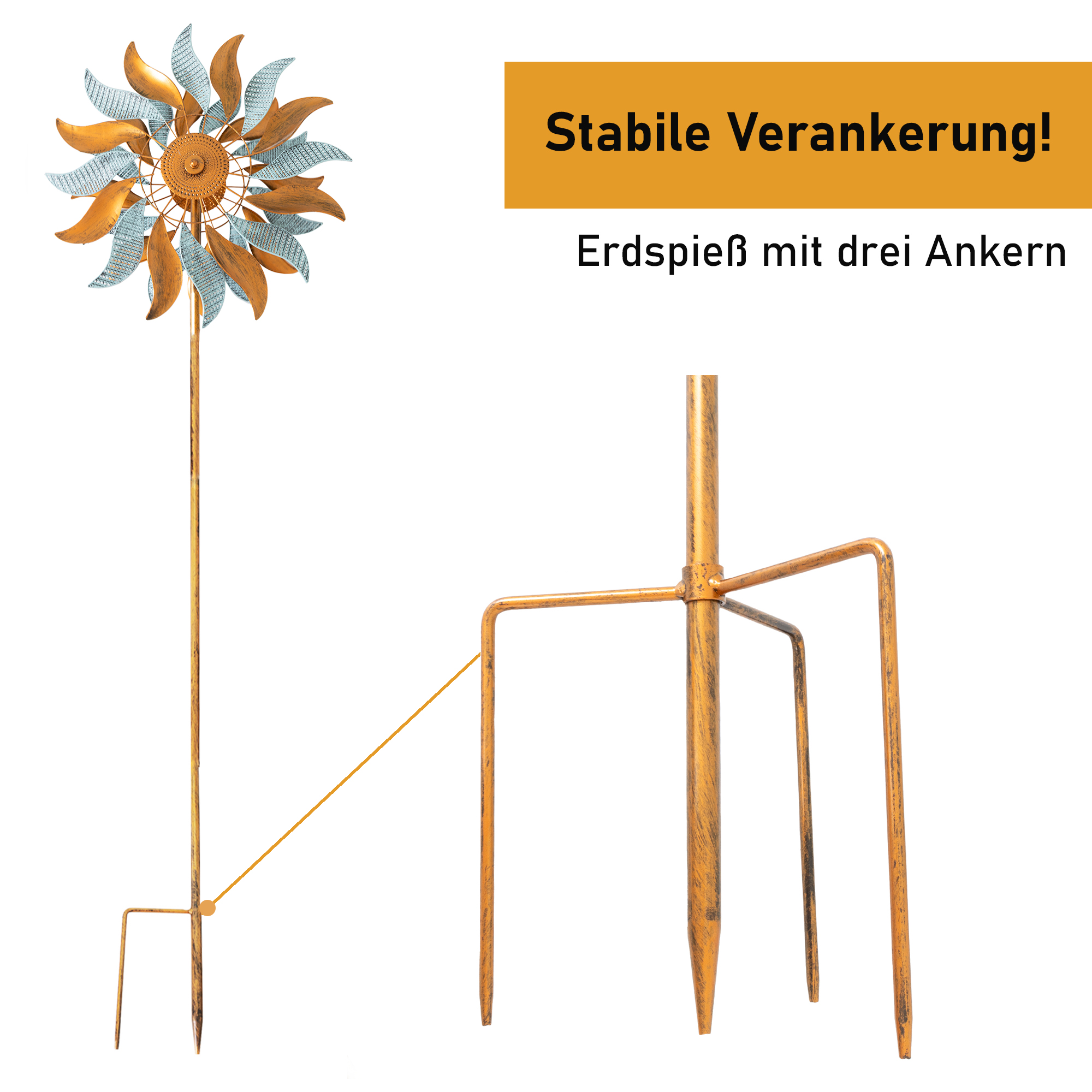 Windrad “Fire Flower”, Windspiel mit 2 gegenläufigen Rotoren, Gartendeko 213 cm hoch NA183