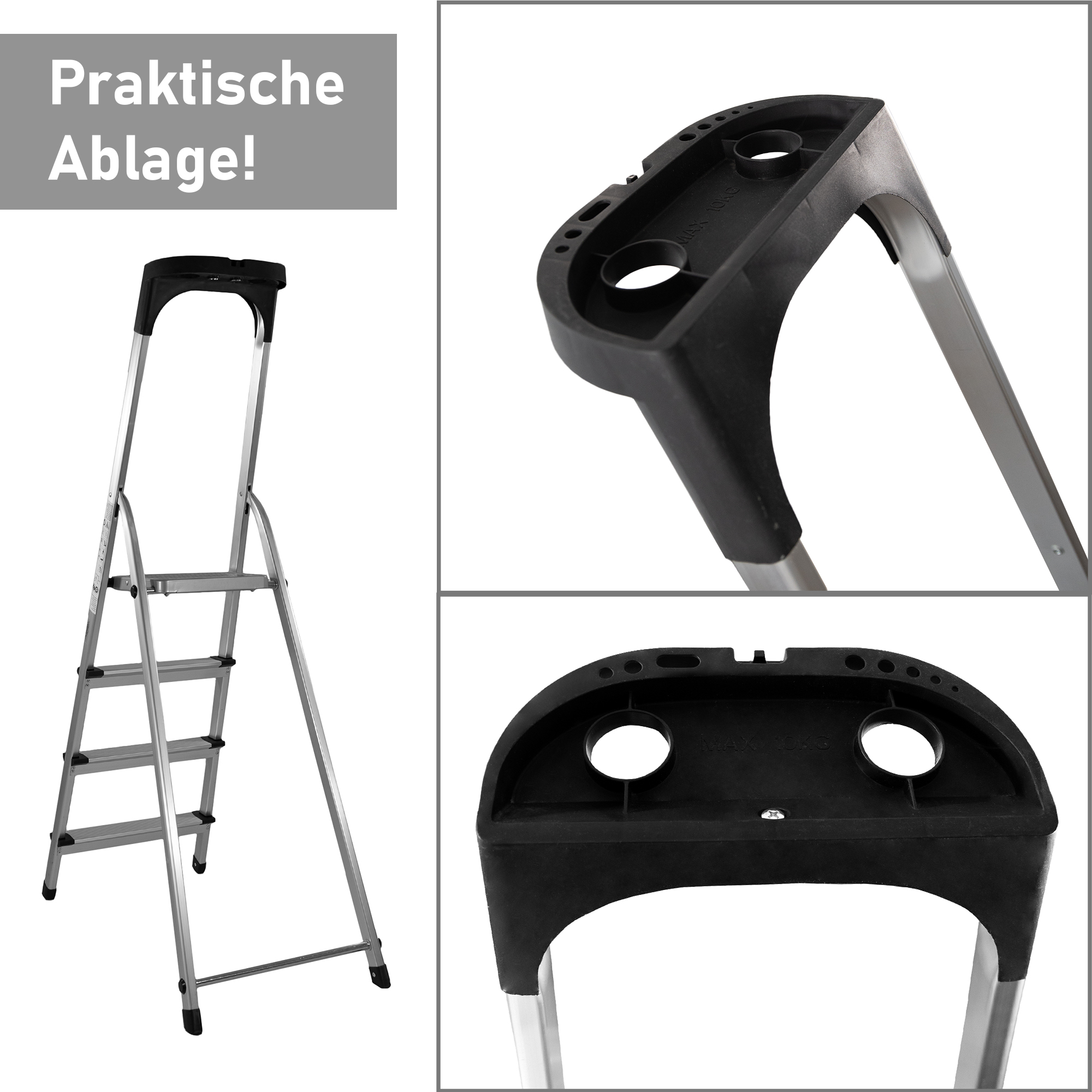 Trittleiter mit 4 Stufen, Treppenleiter aus Aluminium, Stehleiter bis 150kg belastbar NA182 Trittleiter mit 4 Stufen, Treppenleiter aus Aluminium, Stehleiter bis 150kg belastbar NA182