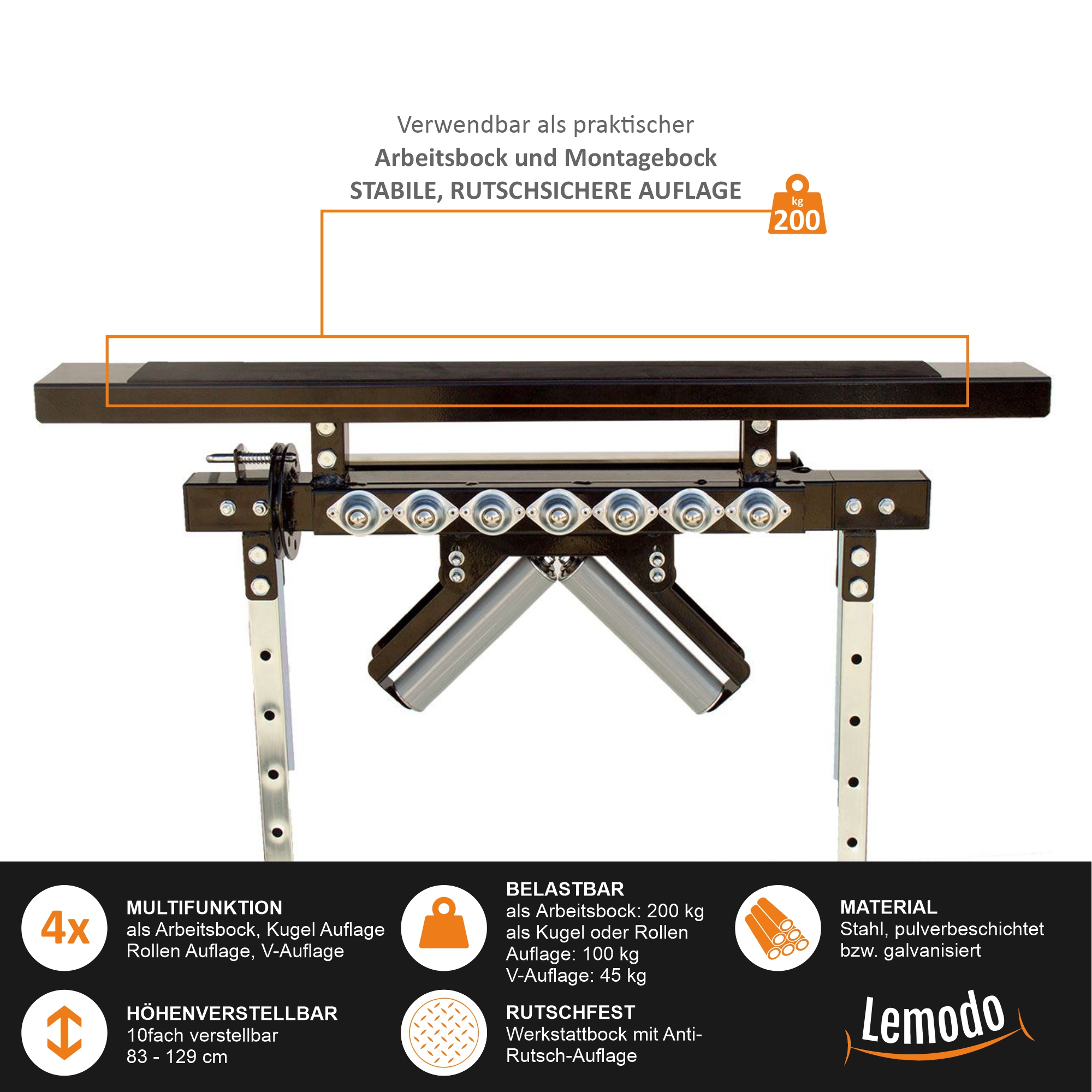 Multifunktions Arbeitsbock, 4 Funktionen, Rollenbock, V- und Kugel-Auflage, klappbar, höhenverstellbar YT006 Multifunktions Arbeitsbock, 4 Funktionen, Rollenbock, V- und Kugel-Auflage, klappbar, höhenverstellbar YT006