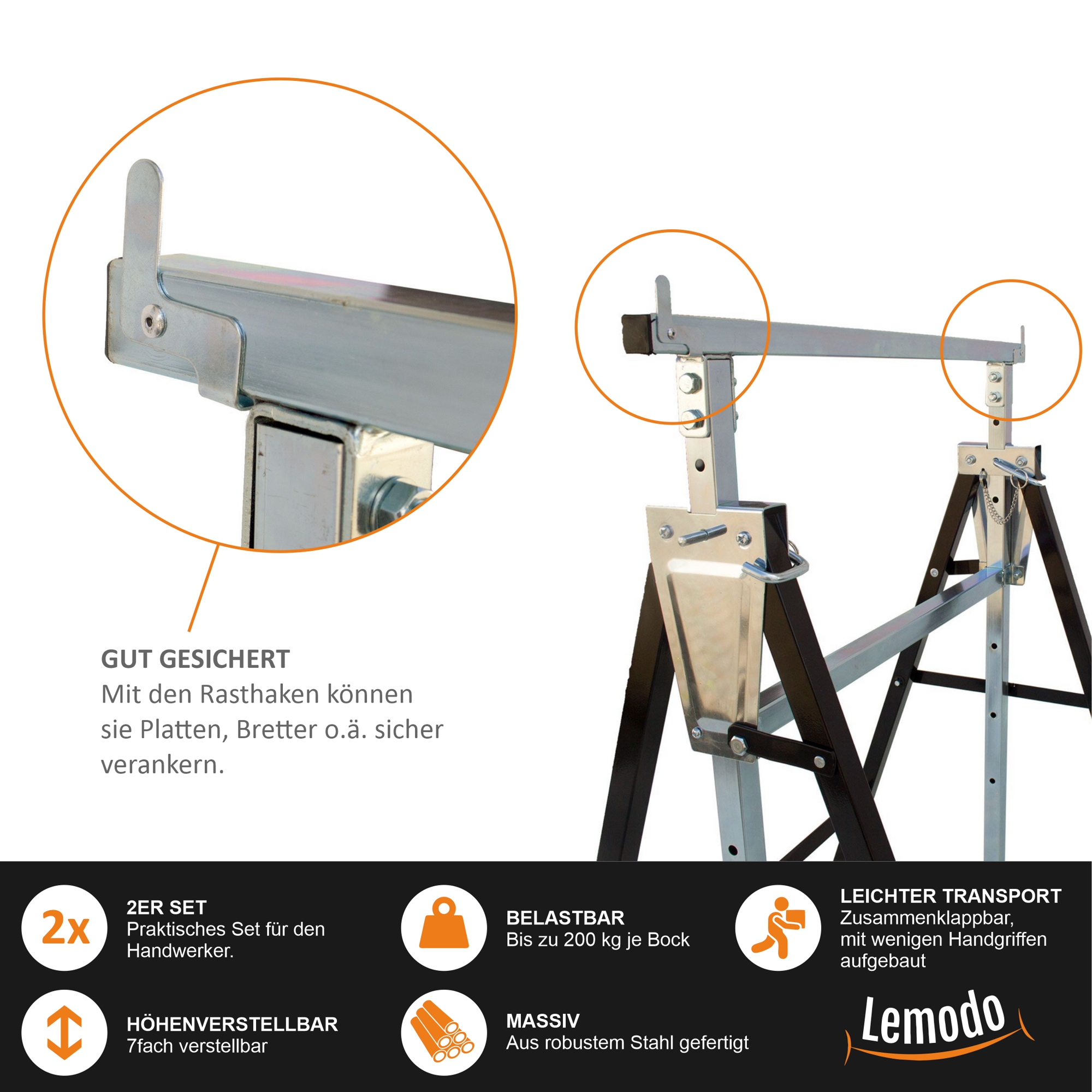 Arbeitsbock 2er Set, Gerüstbock höhenverstellbar, Klappbock mit 200 kg Tragkraft YT005 Arbeitsbock 2er Set, Gerüstbock höhenverstellbar, Klappbock mit 200 kg Tragkraft YT005