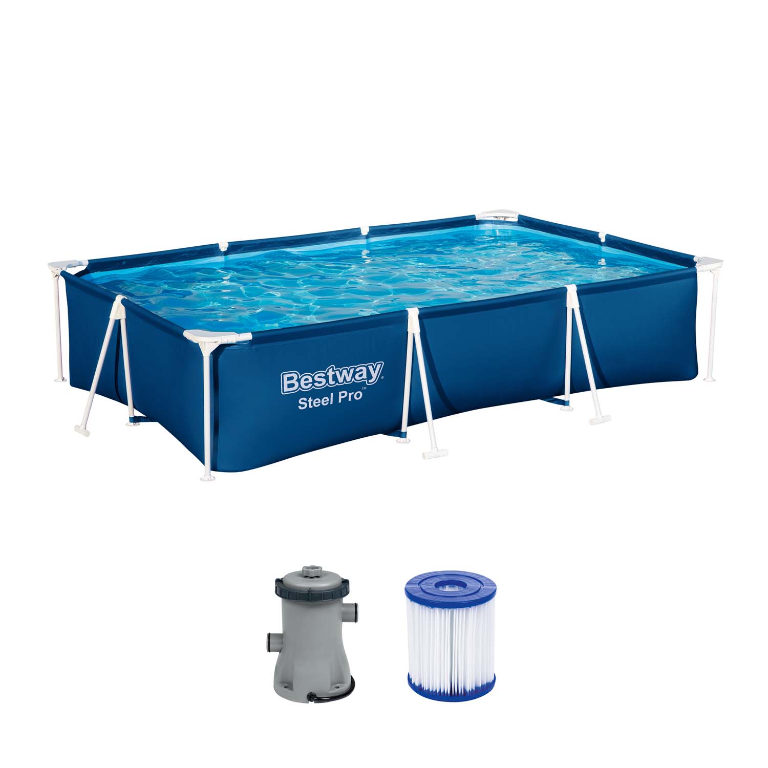 Bestway Steel Pro Frame Pool Set mit Poolpumpe 300 x 201 x 66 cm, dunkelblau, eckig 56411_24 Bestway Steel Pro Frame Pool Set mit Poolpumpe 300 x 201 x 66 cm, dunkelblau, eckig 56411_24