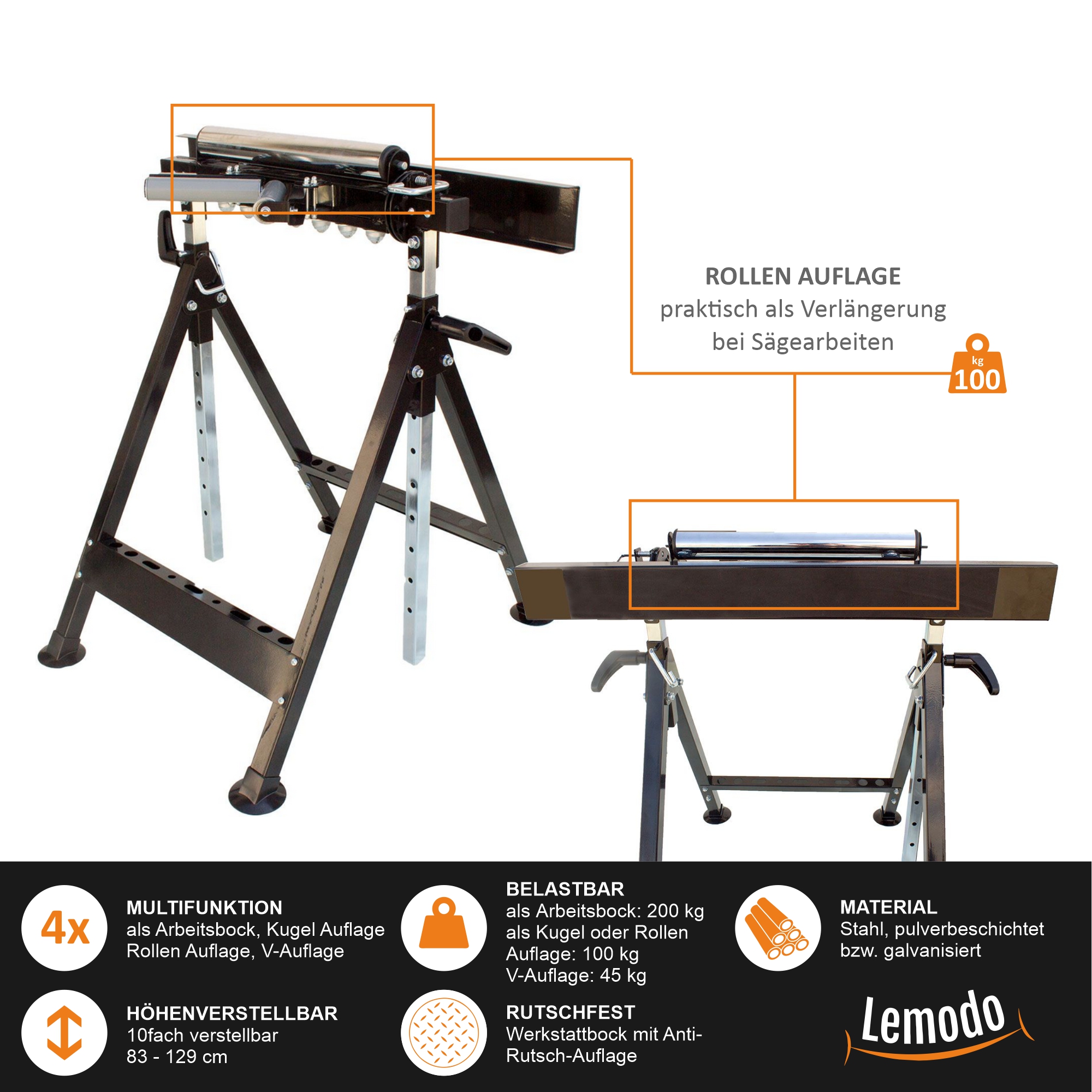 Multifunktions Arbeitsbock, 4 Funktionen, Rollenbock, V- und Kugel-Auflage, klappbar, höhenverstellbar YT006 Multifunktions Arbeitsbock, 4 Funktionen, Rollenbock, V- und Kugel-Auflage, klappbar, höhenverstellbar YT006