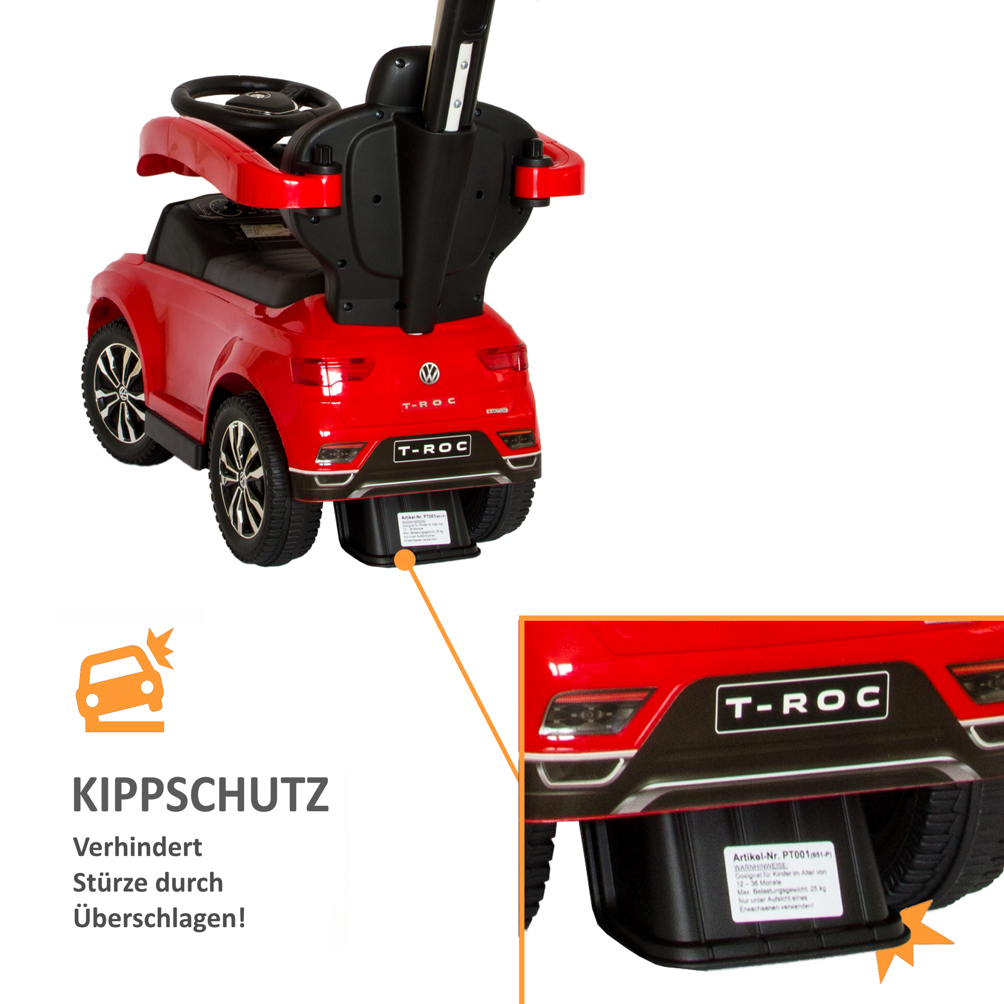 VW Rutschauto in rot mit Schiebestange, Rutschfahrzeug ab 1 Jahr, Rutscherfahrzeug mit Sicherheitsbügel PT001_R VW Rutschauto in rot mit Schiebestange, Rutschfahrzeug ab 1 Jahr, Rutscherfahrzeug mit Sicherheitsbügel PT001_R