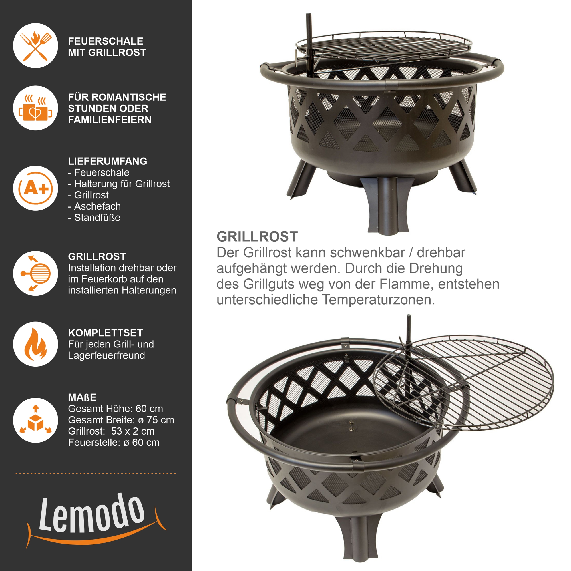 Feuerschale mit Grillrost, Feuerkorb für den Garten, Firebowl Ø 75x60 cm, Fire Pit NA087 Feuerschale mit Grillrost, Feuerkorb für den Garten, Firebowl Ø 75x60 cm, Fire Pit NA087