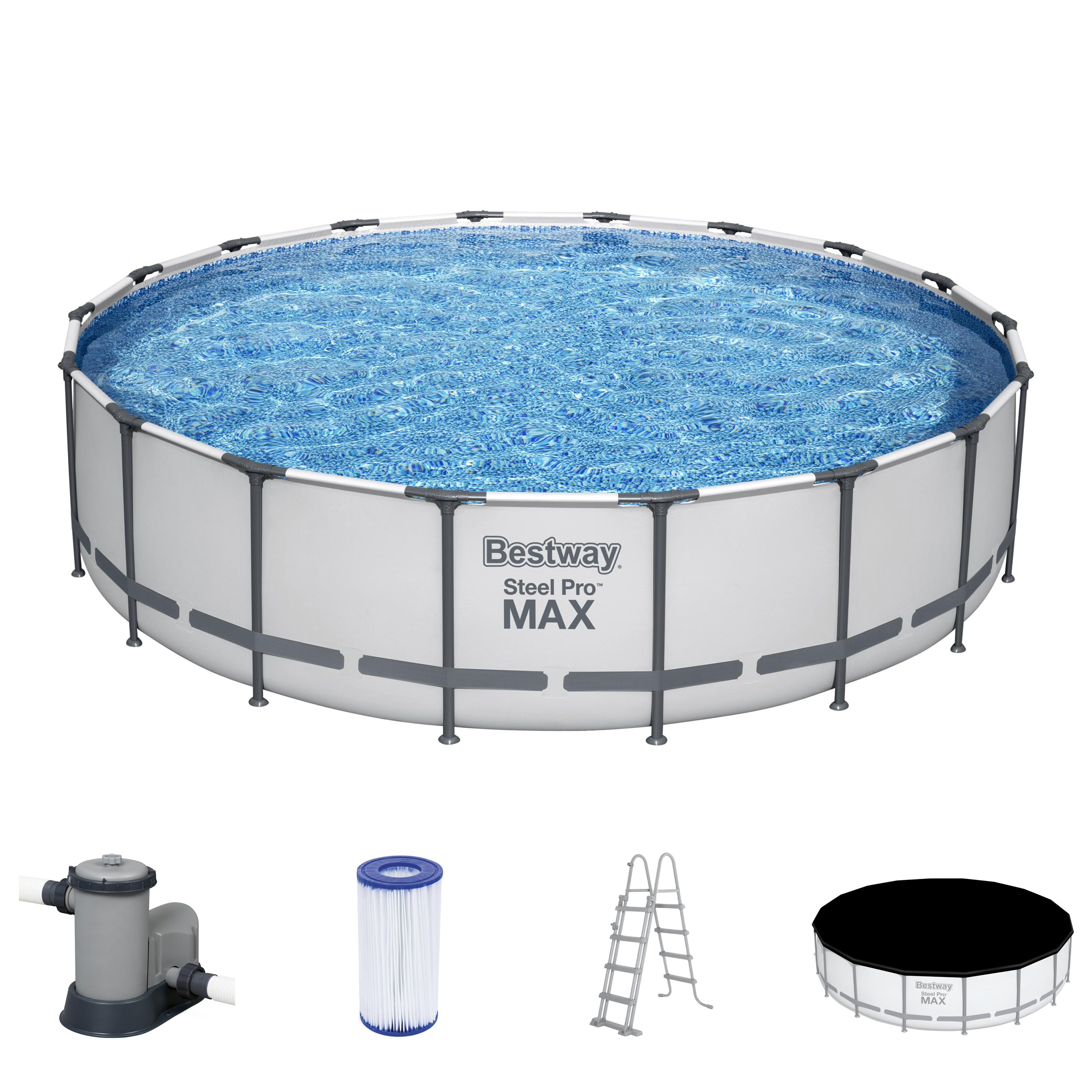 Steel Pro MAX Bestway Frame Pool Komplett-Set mit Filterpumpe Ø 549 x 122 cm, lichtgrau, rund 56462_22 Steel Pro MAX Bestway Frame Pool Komplett-Set mit Filterpumpe Ø 549 x 122 cm, lichtgrau, rund 56462_22