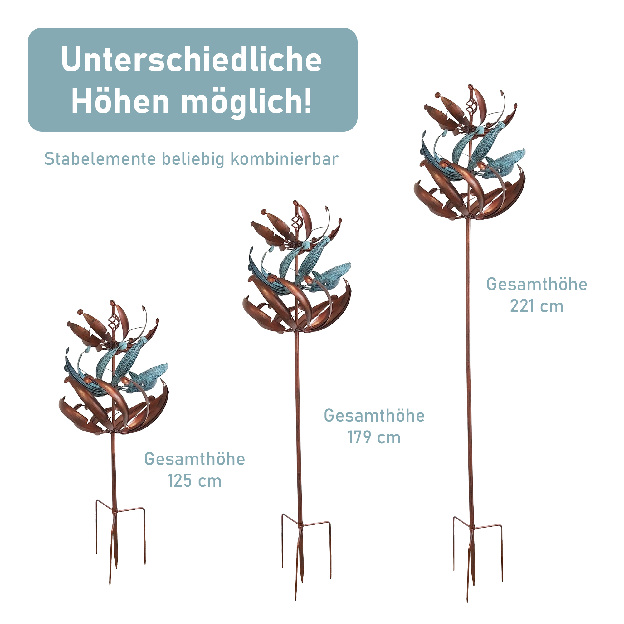 Windrad mit 3 gegenläufigen Rotoren, bronze, Gartendeko, 221 cm hoch NA200